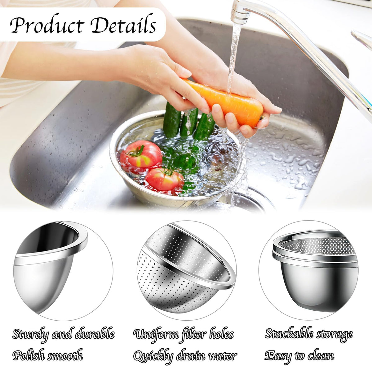 Stainless Steel Mixing Bowls, 4 Pack Rice Washer Strainer Bowl Large Mixing Bowl Salad Mixing Bow, Rice Cleaner Strainer Stainless Steel Colander For Washing Vegetables, Fruit, Rice, Straining Pasta