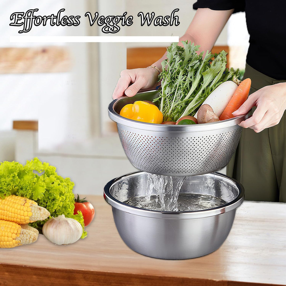 Stainless Steel Mixing Bowls, 4 Pack Rice Washer Strainer Bowl Large Mixing Bowl Salad Mixing Bow, Rice Cleaner Strainer Stainless Steel Colander For Washing Vegetables, Fruit, Rice, Straining Pasta