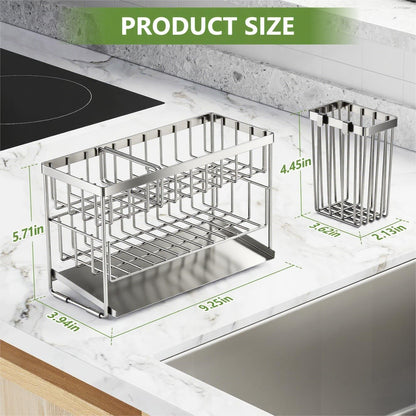 Cisily 2-Tier Kitchen Sink Caddy Organzier Rack with Dish Brush Sponge Holder | Kitchen Sink Countertop Organization Storage,Home Decor Accessories Essentials Stainless Steel