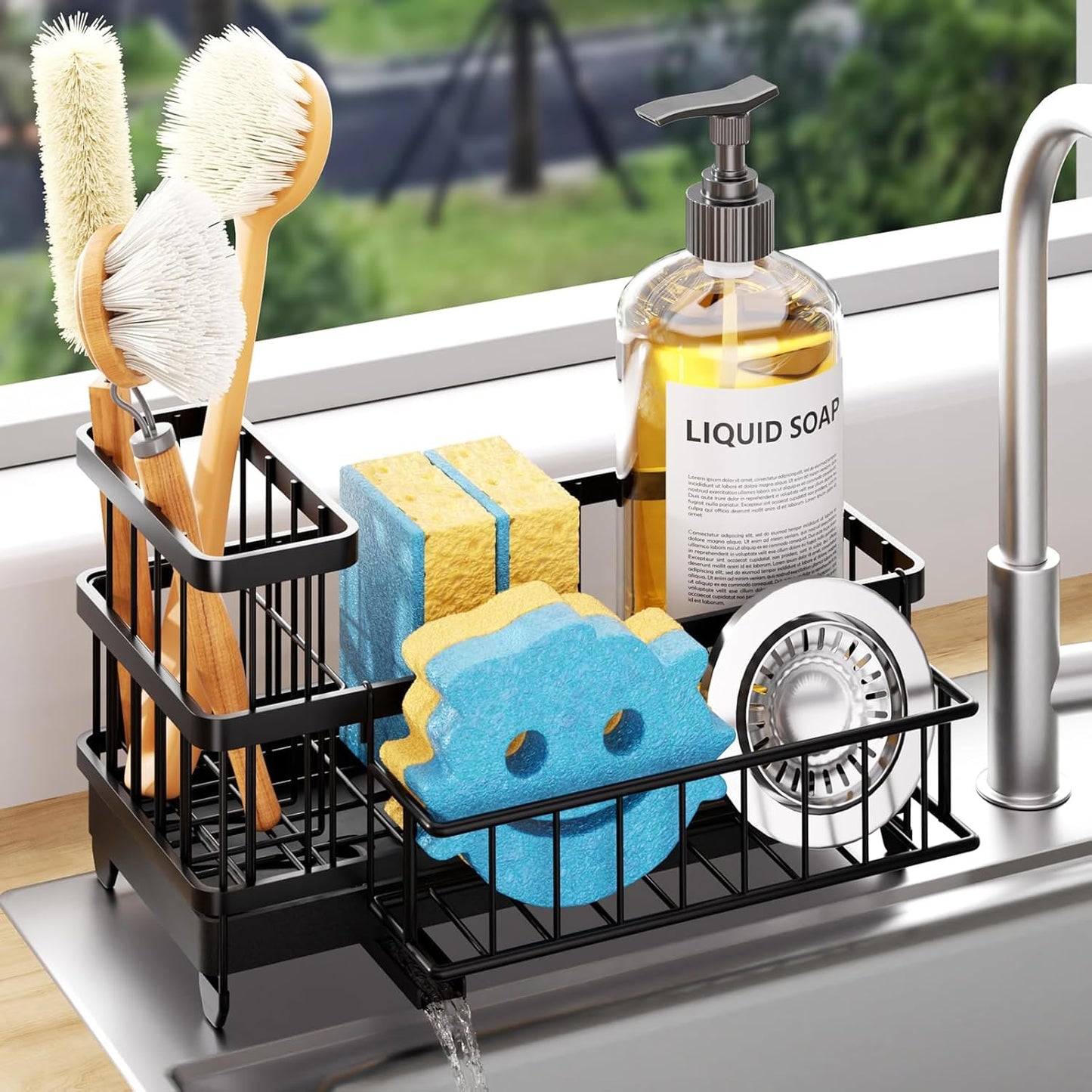 Sponge Holder for Kitchen Sink - Auto Draining Sink Caddy Organizer with Detachable Rack, High Brush Holder, Kitchen Countertop Storage Accessories, Black