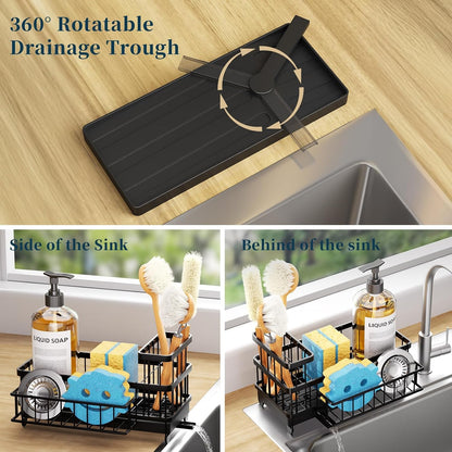 Sponge Holder for Kitchen Sink - Auto Draining Sink Caddy Organizer with Detachable Rack, High Brush Holder, Kitchen Countertop Storage Accessories, Black
