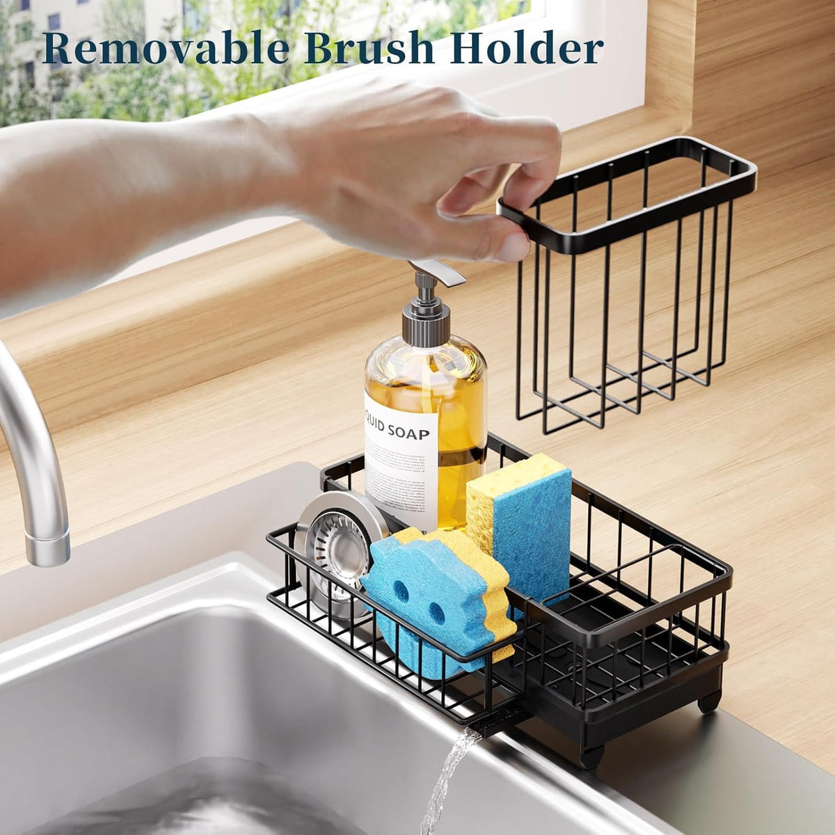 Sponge Holder for Kitchen Sink - Auto Draining Sink Caddy Organizer with Detachable Rack, High Brush Holder, Kitchen Countertop Storage Accessories, Black