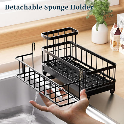 Sponge Holder for Kitchen Sink - Auto Draining Sink Caddy Organizer with Detachable Rack, High Brush Holder, Kitchen Countertop Storage Accessories, Black