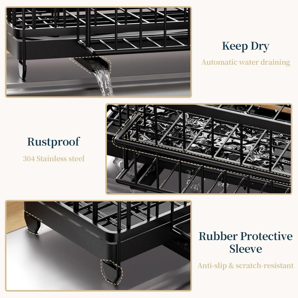 Sponge Holder for Kitchen Sink - Auto Draining Sink Caddy Organizer with Detachable Rack, High Brush Holder, Kitchen Countertop Storage Accessories, Black