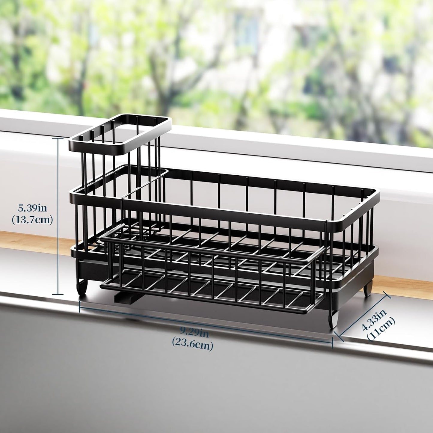 Sponge Holder for Kitchen Sink - Auto Draining Sink Caddy Organizer with Detachable Rack, High Brush Holder, Kitchen Countertop Storage Accessories, Black