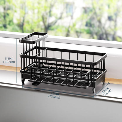 Sponge Holder for Kitchen Sink - Auto Draining Sink Caddy Organizer with Detachable Rack, High Brush Holder, Kitchen Countertop Storage Accessories, Black