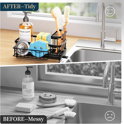 Sponge Holder for Kitchen Sink - Auto Draining Sink Caddy Organizer with Detachable Rack, High Brush Holder, Kitchen Countertop Storage Accessories, Black
