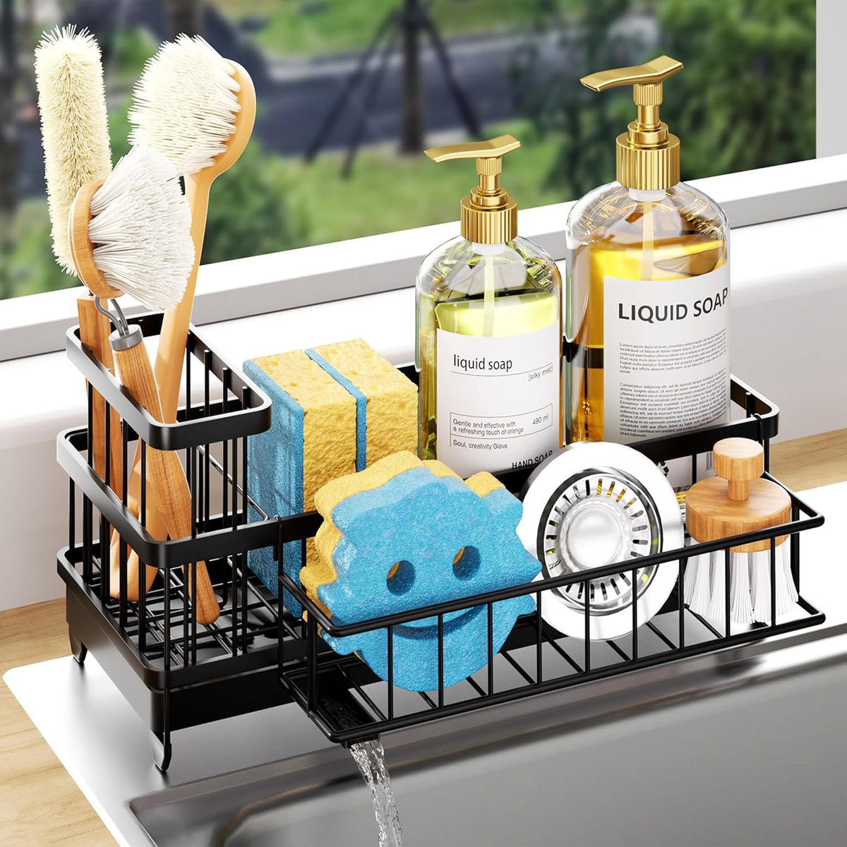 Sponge Holder for Kitchen Sink - Auto Draining Sink Caddy Organizer with Detachable Rack, High Brush Holder, Kitchen Countertop Storage Accessories, Black