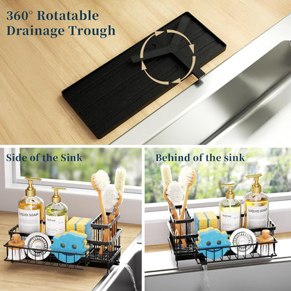 Sponge Holder for Kitchen Sink - Auto Draining Sink Caddy Organizer with Detachable Rack, High Brush Holder, Kitchen Countertop Storage Accessories, Black