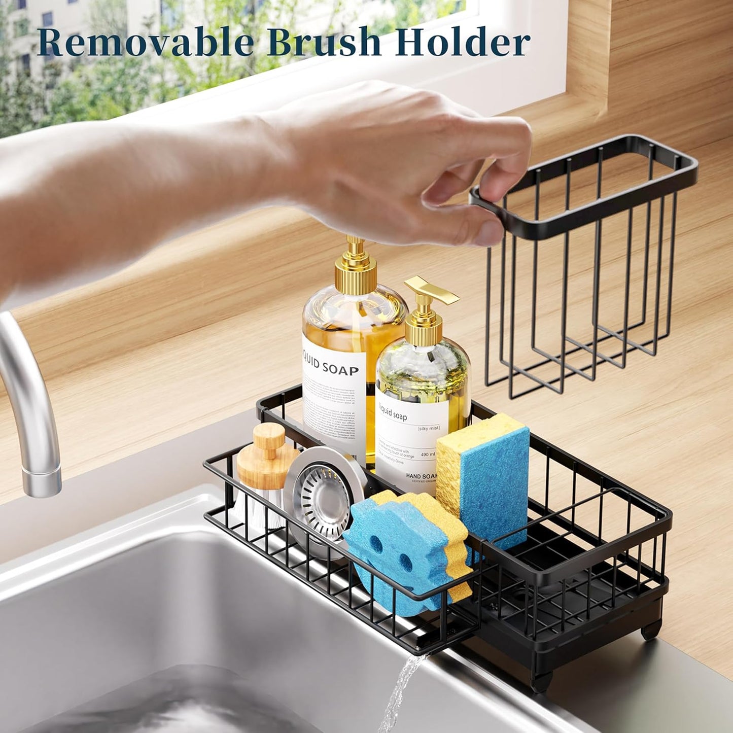 Sponge Holder for Kitchen Sink - Auto Draining Sink Caddy Organizer with Detachable Rack, High Brush Holder, Kitchen Countertop Storage Accessories, Black