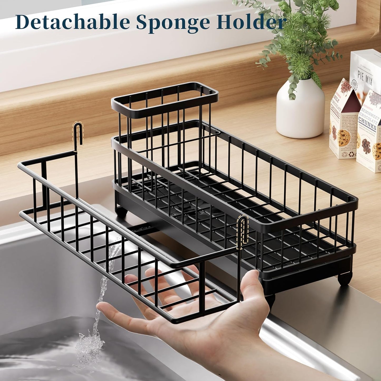 Sponge Holder for Kitchen Sink - Auto Draining Sink Caddy Organizer with Detachable Rack, High Brush Holder, Kitchen Countertop Storage Accessories, Black