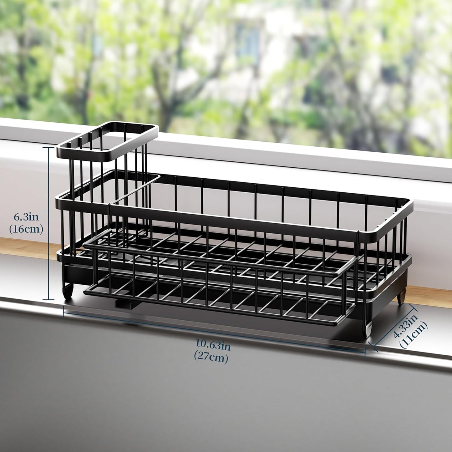 Sponge Holder for Kitchen Sink - Auto Draining Sink Caddy Organizer with Detachable Rack, High Brush Holder, Kitchen Countertop Storage Accessories, Black
