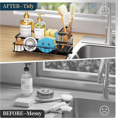 Sponge Holder for Kitchen Sink - Auto Draining Sink Caddy Organizer with Detachable Rack, High Brush Holder, Kitchen Countertop Storage Accessories, Black