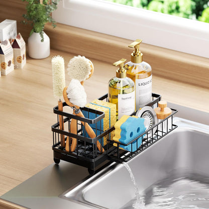 Sponge Holder for Kitchen Sink - Auto Draining Sink Caddy Organizer with Detachable Rack, High Brush Holder, Kitchen Countertop Storage Accessories, Black
