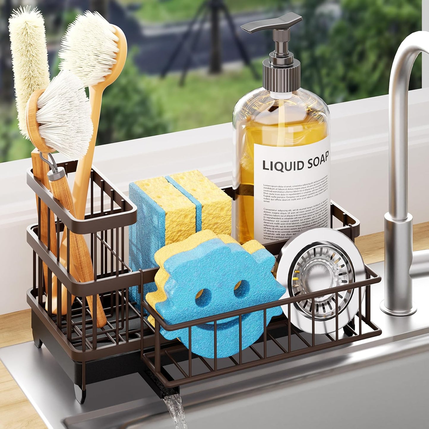 Sponge Holder for Kitchen Sink - Auto Draining Sink Caddy Organizer with Detachable Rack, High Brush Holder, Kitchen Countertop Storage Accessories, Black