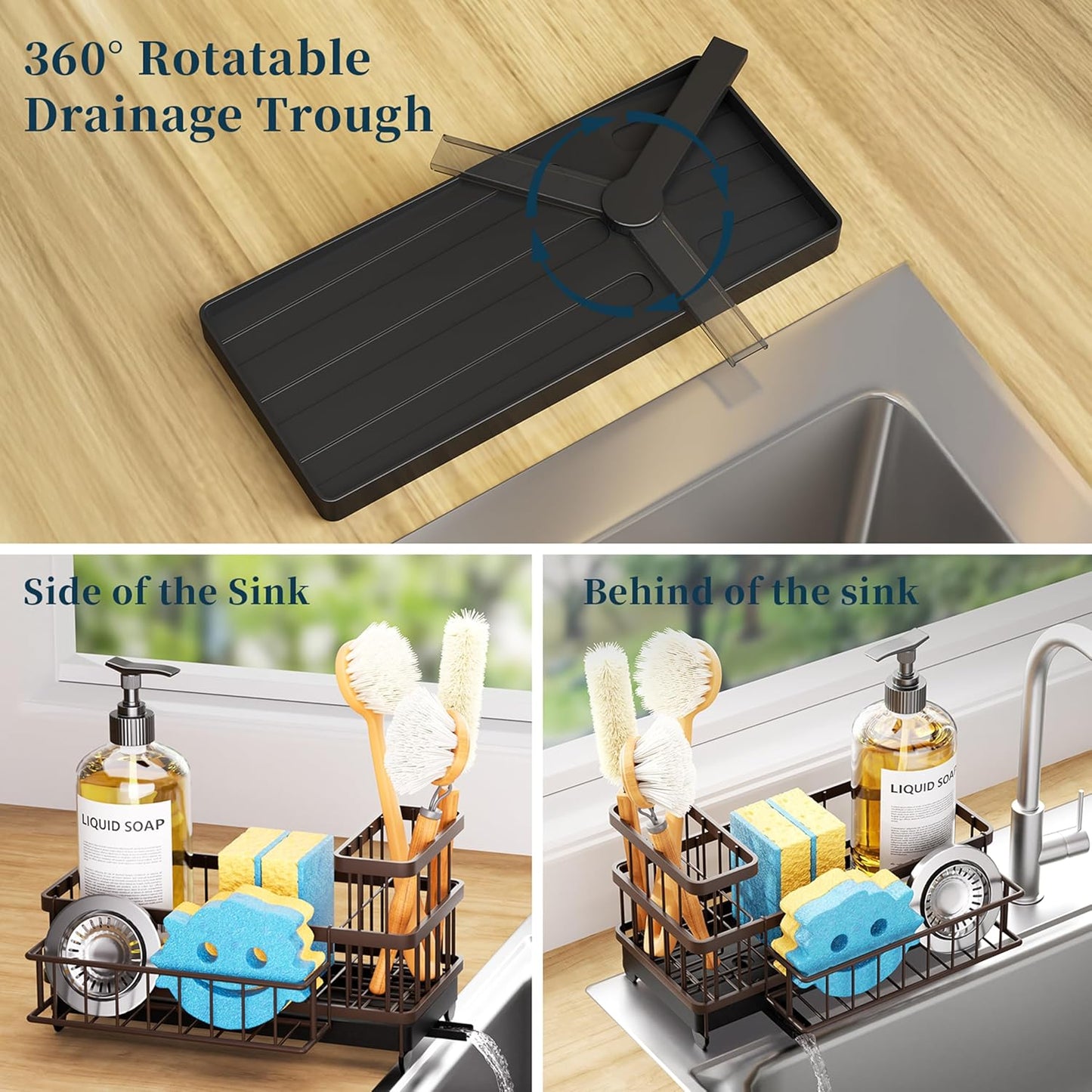 Sponge Holder for Kitchen Sink - Auto Draining Sink Caddy Organizer with Detachable Rack, High Brush Holder, Kitchen Countertop Storage Accessories, Black