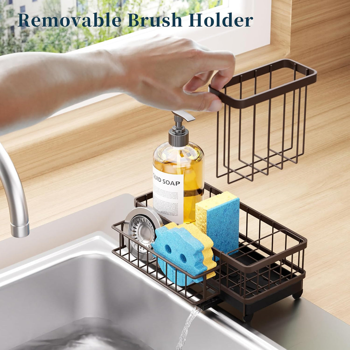 Sponge Holder for Kitchen Sink - Auto Draining Sink Caddy Organizer with Detachable Rack, High Brush Holder, Kitchen Countertop Storage Accessories, Black