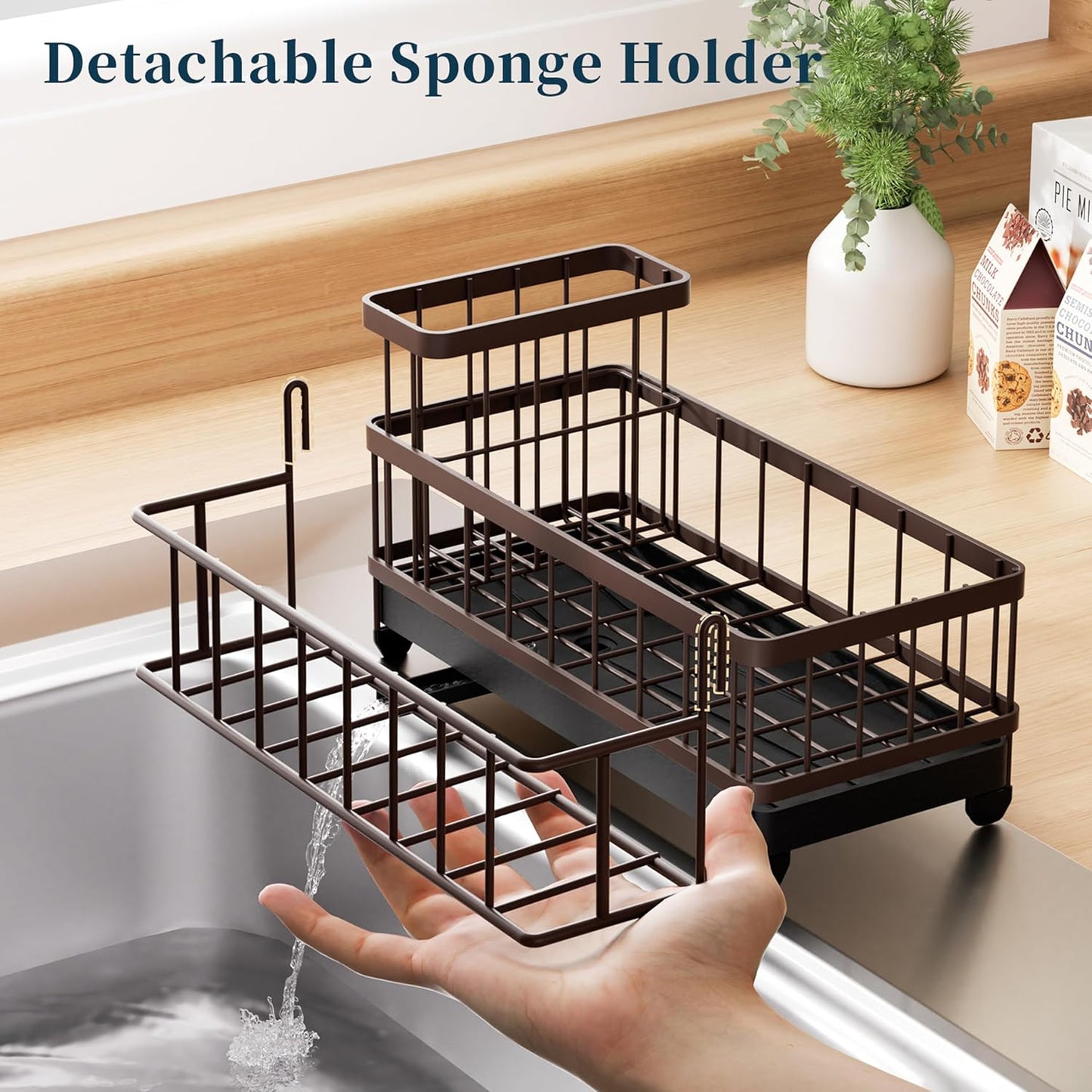 Sponge Holder for Kitchen Sink - Auto Draining Sink Caddy Organizer with Detachable Rack, High Brush Holder, Kitchen Countertop Storage Accessories, Black