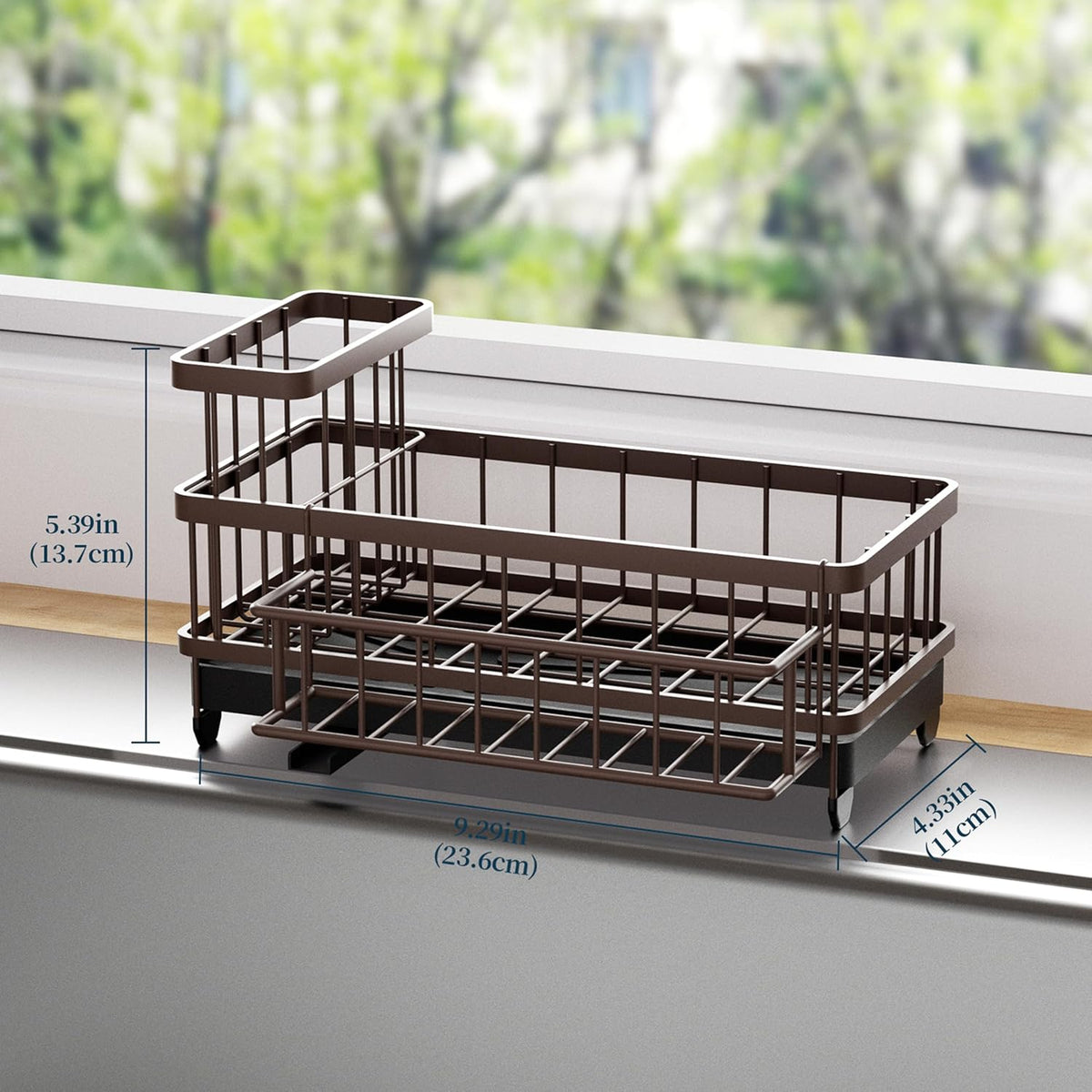 Sponge Holder for Kitchen Sink - Auto Draining Sink Caddy Organizer with Detachable Rack, High Brush Holder, Kitchen Countertop Storage Accessories, Black