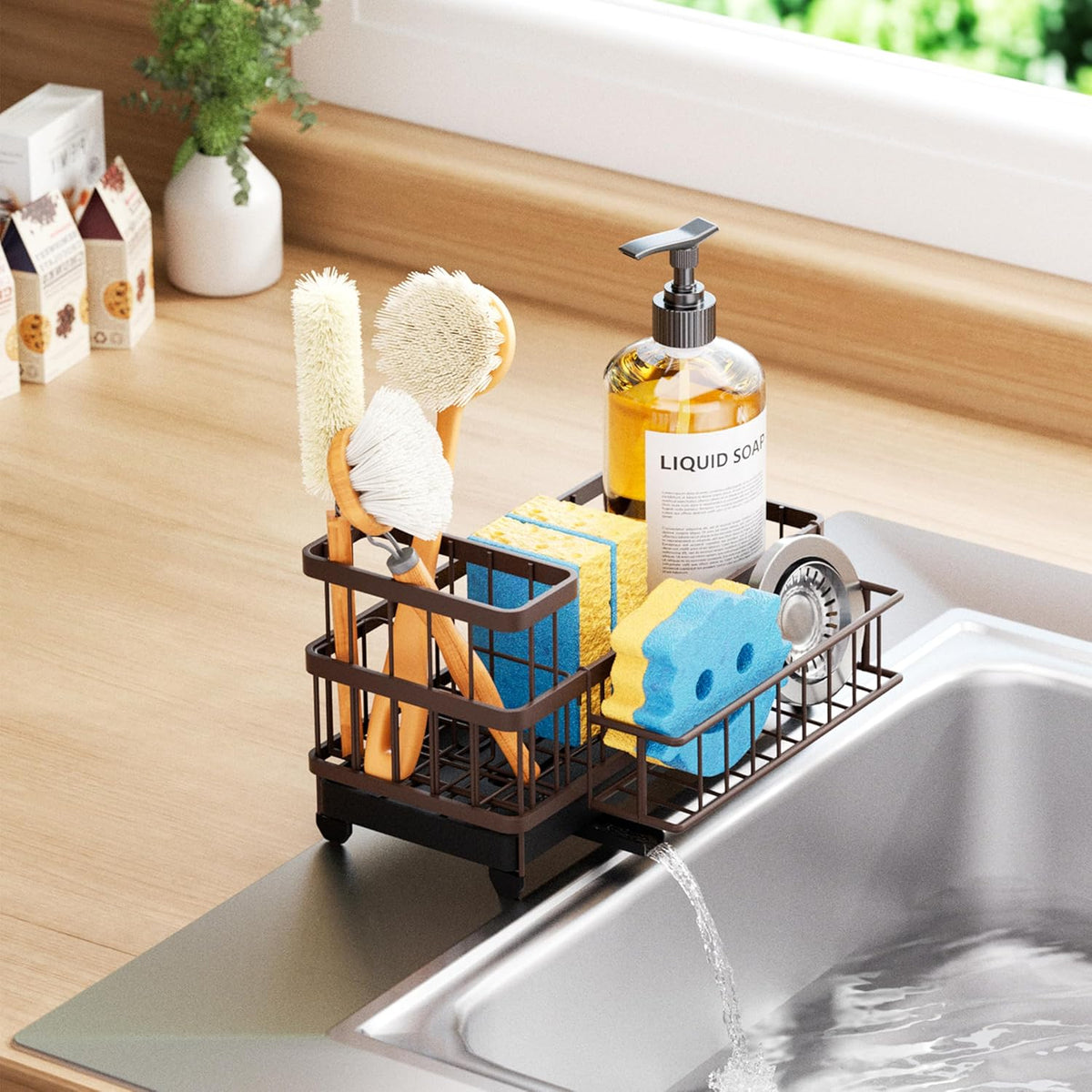 Sponge Holder for Kitchen Sink - Auto Draining Sink Caddy Organizer with Detachable Rack, High Brush Holder, Kitchen Countertop Storage Accessories, Black