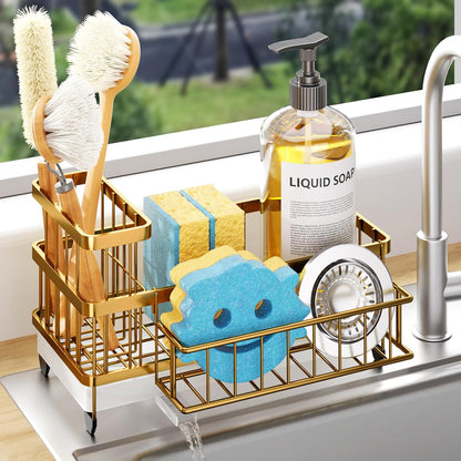 Sponge Holder for Kitchen Sink - Auto Draining Sink Caddy Organizer with Detachable Rack, High Brush Holder, Kitchen Countertop Storage Accessories, Black