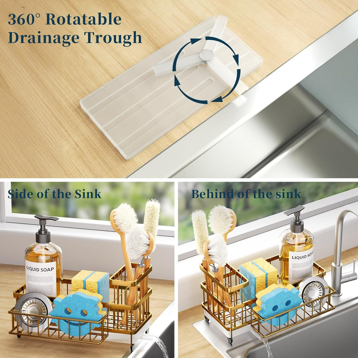 Sponge Holder for Kitchen Sink - Auto Draining Sink Caddy Organizer with Detachable Rack, High Brush Holder, Kitchen Countertop Storage Accessories, Black