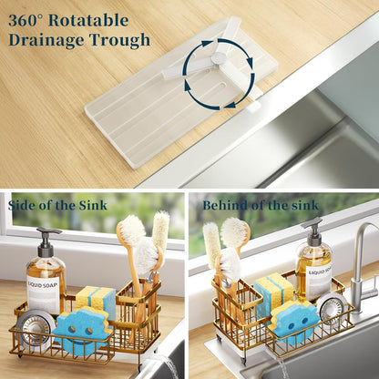 Sponge Holder for Kitchen Sink - Auto Draining Sink Caddy Organizer with Detachable Rack, High Brush Holder, Kitchen Countertop Storage Accessories, Black