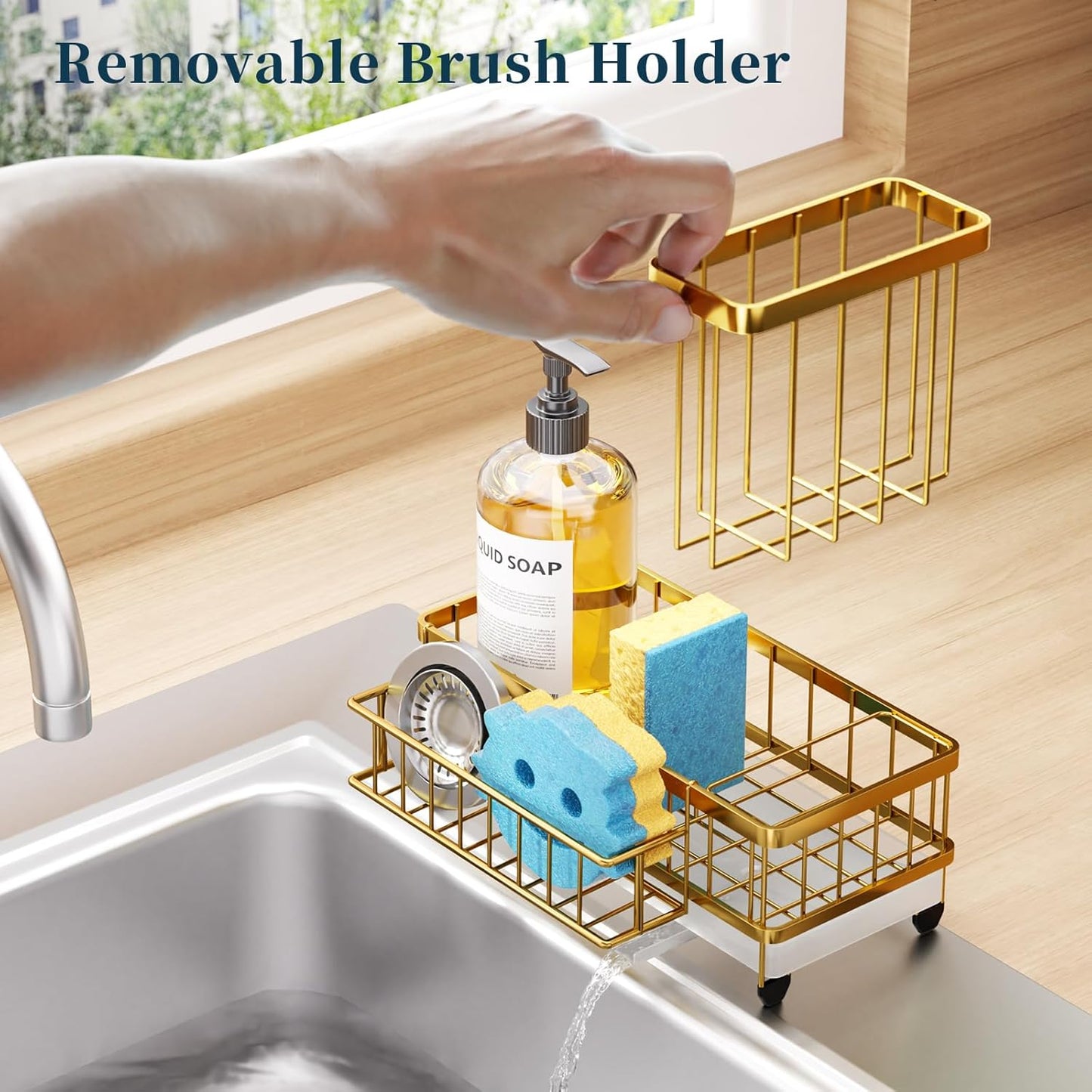 Sponge Holder for Kitchen Sink - Auto Draining Sink Caddy Organizer with Detachable Rack, High Brush Holder, Kitchen Countertop Storage Accessories, Black