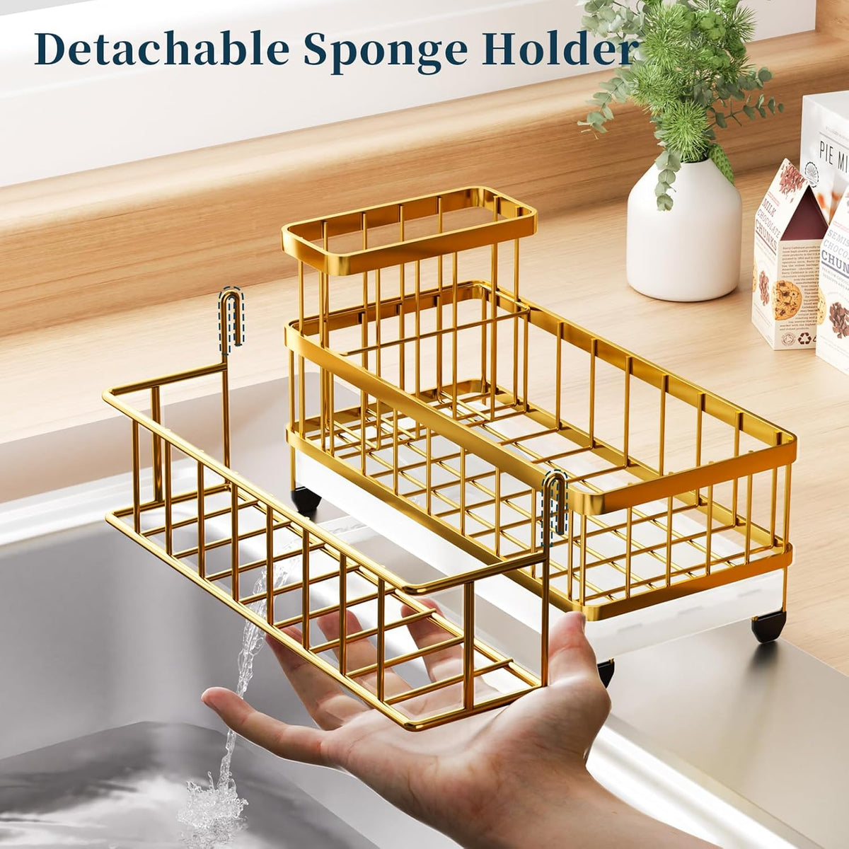 Sponge Holder for Kitchen Sink - Auto Draining Sink Caddy Organizer with Detachable Rack, High Brush Holder, Kitchen Countertop Storage Accessories, Black