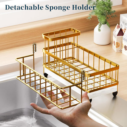 Sponge Holder for Kitchen Sink - Auto Draining Sink Caddy Organizer with Detachable Rack, High Brush Holder, Kitchen Countertop Storage Accessories, Black