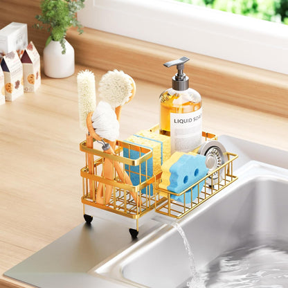 Sponge Holder for Kitchen Sink - Auto Draining Sink Caddy Organizer with Detachable Rack, High Brush Holder, Kitchen Countertop Storage Accessories, Black