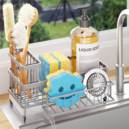 Sponge Holder for Kitchen Sink - Auto Draining Sink Caddy Organizer with Detachable Rack, High Brush Holder, Kitchen Countertop Storage Accessories, Black