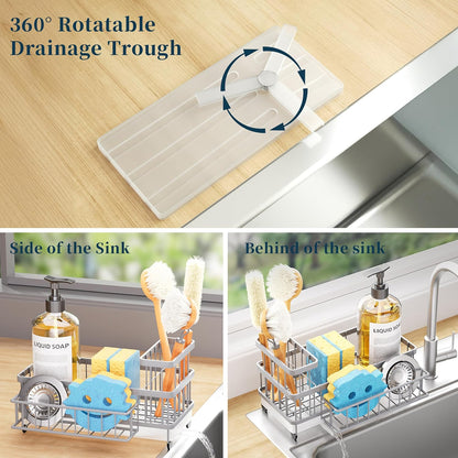 Sponge Holder for Kitchen Sink - Auto Draining Sink Caddy Organizer with Detachable Rack, High Brush Holder, Kitchen Countertop Storage Accessories, Black
