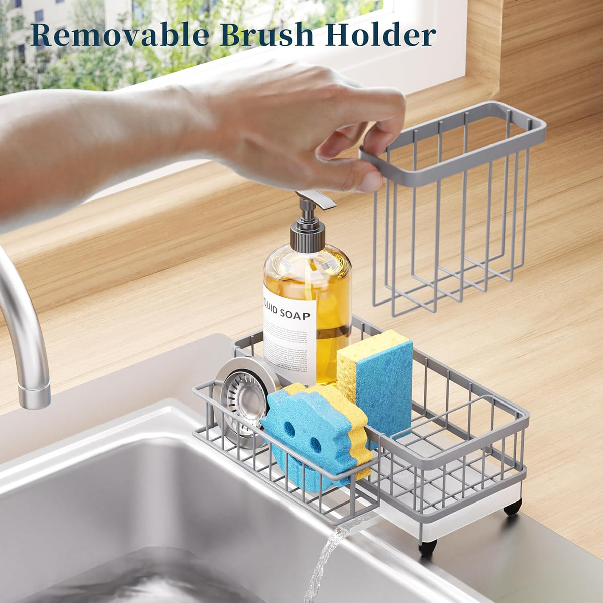 Sponge Holder for Kitchen Sink - Auto Draining Sink Caddy Organizer with Detachable Rack, High Brush Holder, Kitchen Countertop Storage Accessories, Black