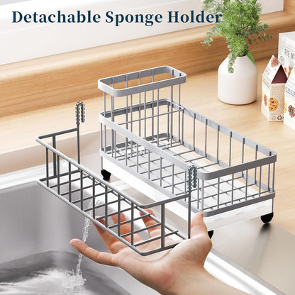 Sponge Holder for Kitchen Sink - Auto Draining Sink Caddy Organizer with Detachable Rack, High Brush Holder, Kitchen Countertop Storage Accessories, Black