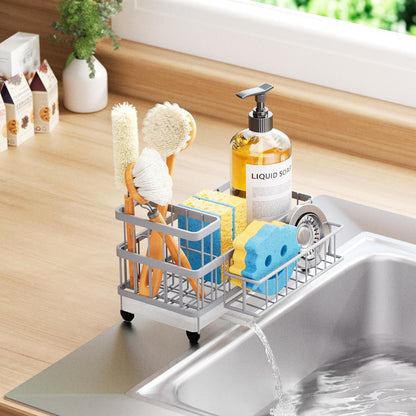 Sponge Holder for Kitchen Sink - Auto Draining Sink Caddy Organizer with Detachable Rack, High Brush Holder, Kitchen Countertop Storage Accessories, Black