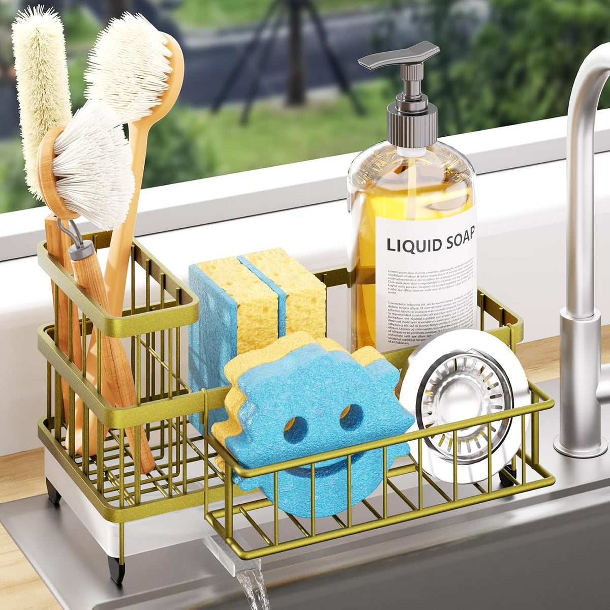 Sponge Holder for Kitchen Sink - Auto Draining Sink Caddy Organizer with Detachable Rack, High Brush Holder, Kitchen Countertop Storage Accessories, Black