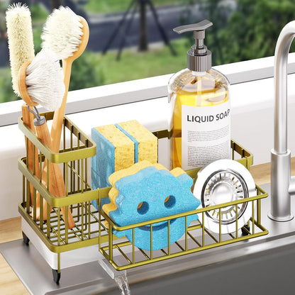 Sponge Holder for Kitchen Sink - Auto Draining Sink Caddy Organizer with Detachable Rack, High Brush Holder, Kitchen Countertop Storage Accessories, Black