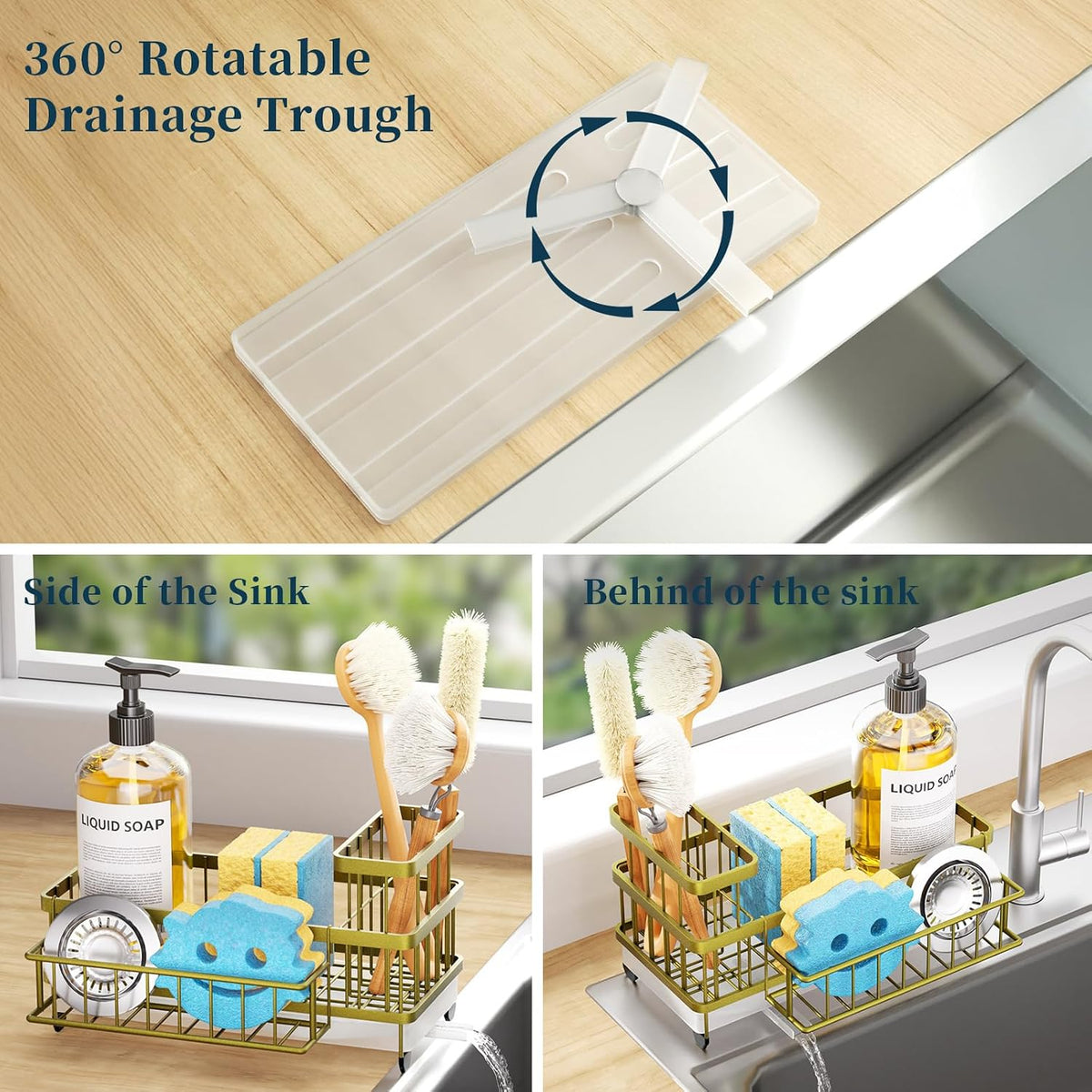 Sponge Holder for Kitchen Sink - Auto Draining Sink Caddy Organizer with Detachable Rack, High Brush Holder, Kitchen Countertop Storage Accessories, Black