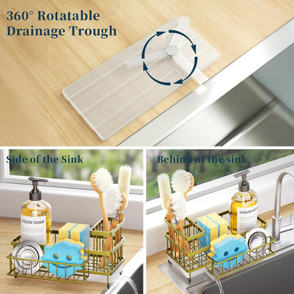 Sponge Holder for Kitchen Sink - Auto Draining Sink Caddy Organizer with Detachable Rack, High Brush Holder, Kitchen Countertop Storage Accessories, Black