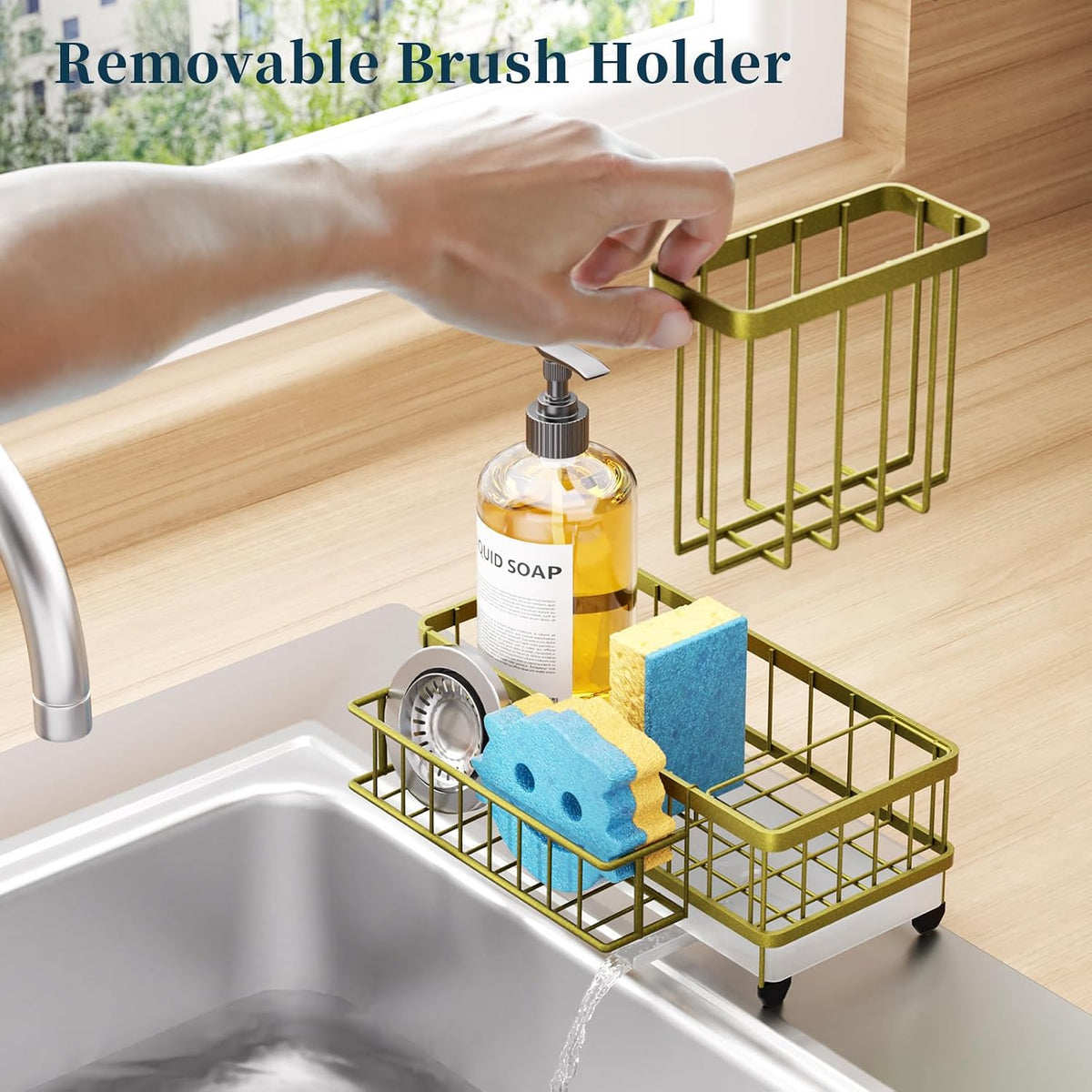 Sponge Holder for Kitchen Sink - Auto Draining Sink Caddy Organizer with Detachable Rack, High Brush Holder, Kitchen Countertop Storage Accessories, Black