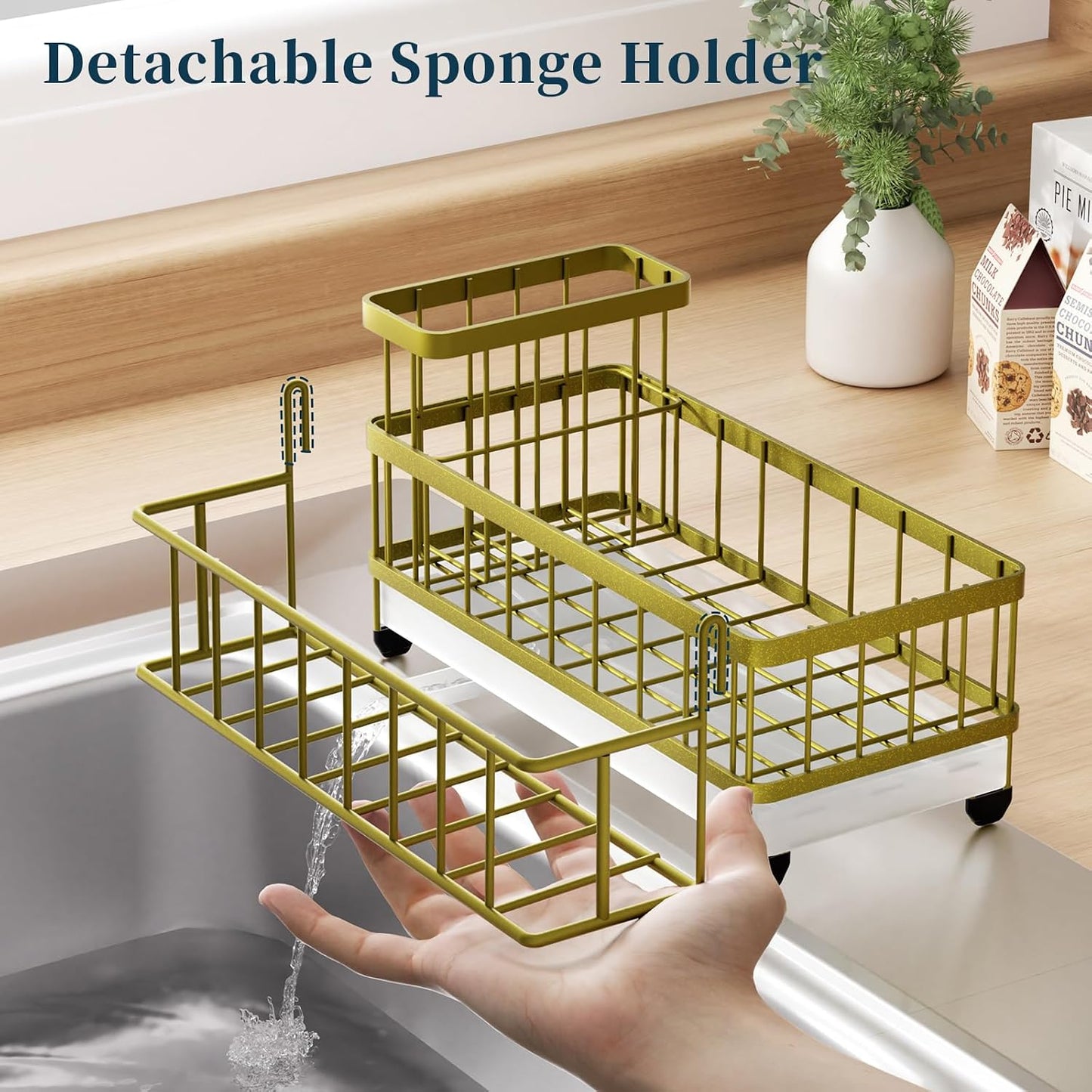 Sponge Holder for Kitchen Sink - Auto Draining Sink Caddy Organizer with Detachable Rack, High Brush Holder, Kitchen Countertop Storage Accessories, Black