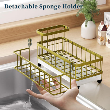 Sponge Holder for Kitchen Sink - Auto Draining Sink Caddy Organizer with Detachable Rack, High Brush Holder, Kitchen Countertop Storage Accessories, Black