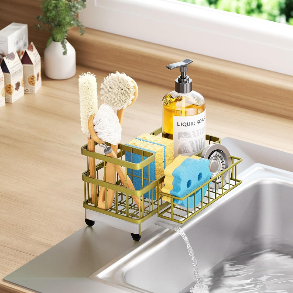 Sponge Holder for Kitchen Sink - Auto Draining Sink Caddy Organizer with Detachable Rack, High Brush Holder, Kitchen Countertop Storage Accessories, Black