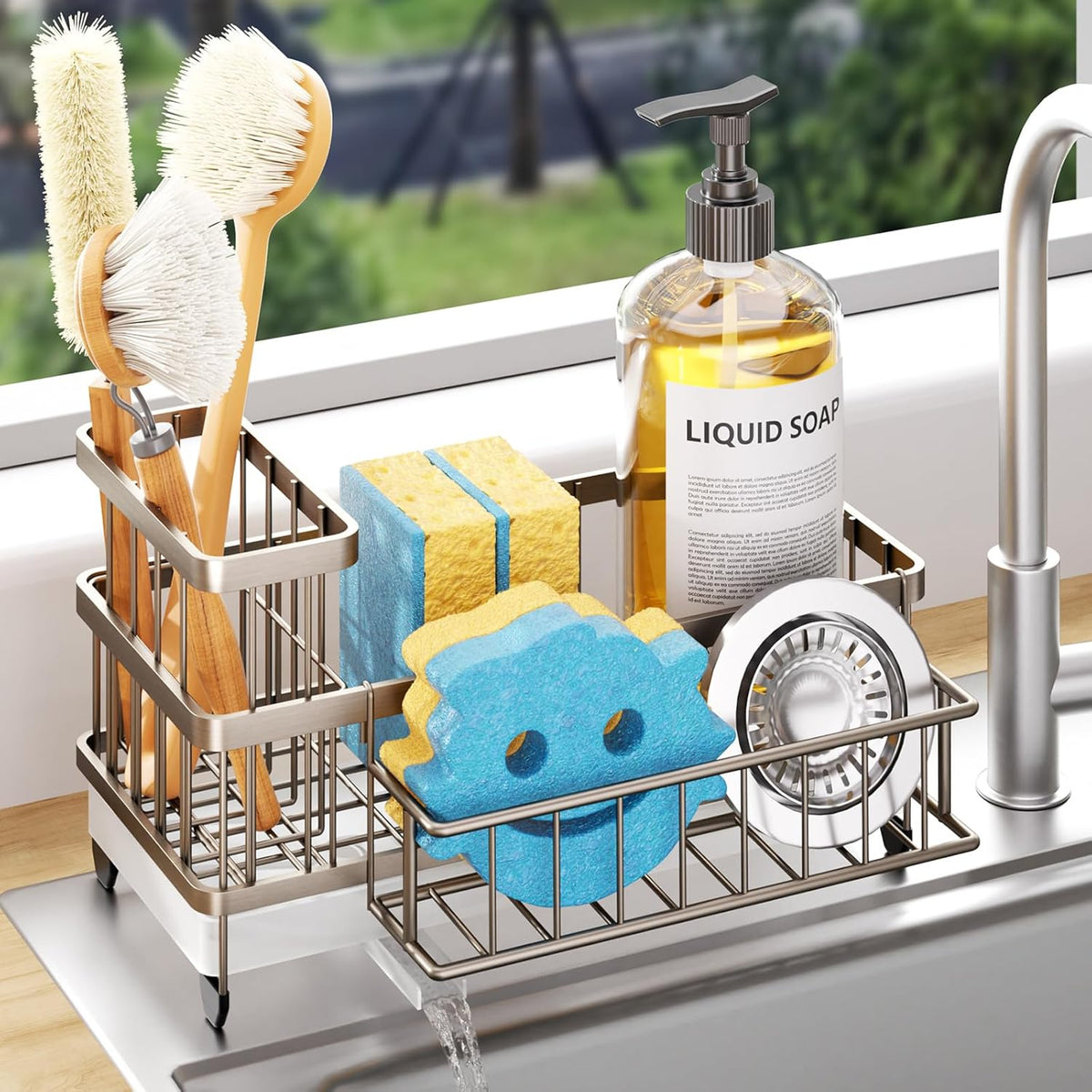 Sponge Holder for Kitchen Sink - Auto Draining Sink Caddy Organizer with Detachable Rack, High Brush Holder, Kitchen Countertop Storage Accessories, Black