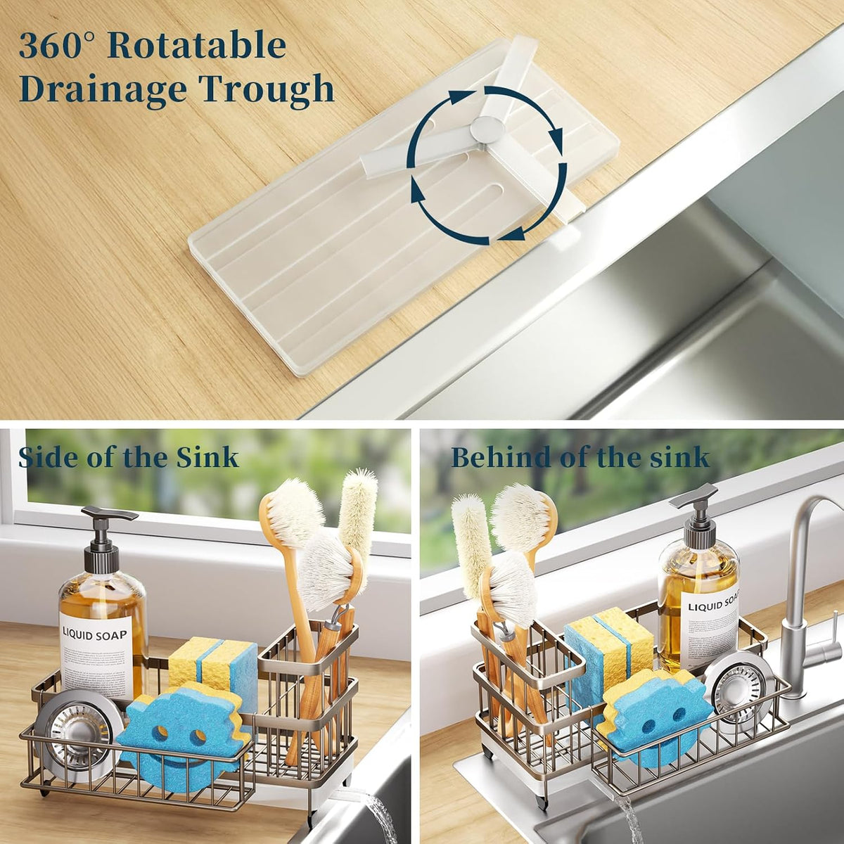 Sponge Holder for Kitchen Sink - Auto Draining Sink Caddy Organizer with Detachable Rack, High Brush Holder, Kitchen Countertop Storage Accessories, Black