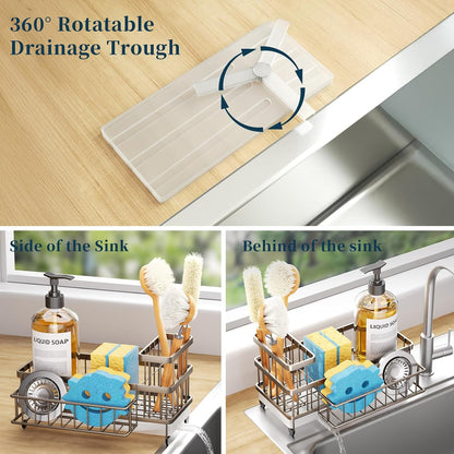 Sponge Holder for Kitchen Sink - Auto Draining Sink Caddy Organizer with Detachable Rack, High Brush Holder, Kitchen Countertop Storage Accessories, Black