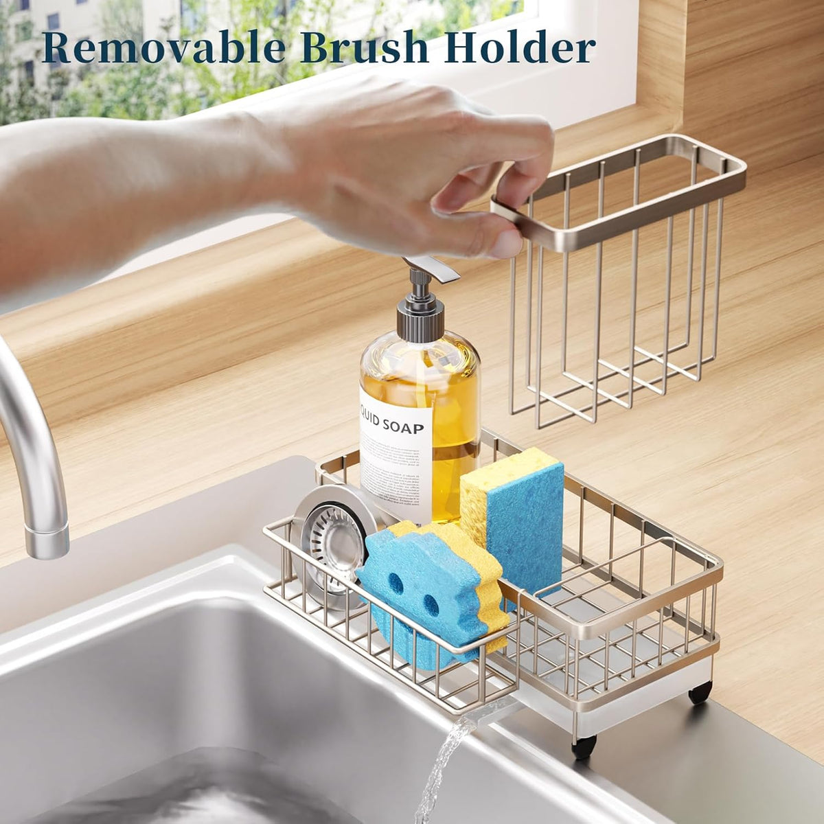 Sponge Holder for Kitchen Sink - Auto Draining Sink Caddy Organizer with Detachable Rack, High Brush Holder, Kitchen Countertop Storage Accessories, Black