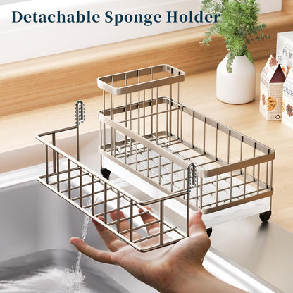 Sponge Holder for Kitchen Sink - Auto Draining Sink Caddy Organizer with Detachable Rack, High Brush Holder, Kitchen Countertop Storage Accessories, Black