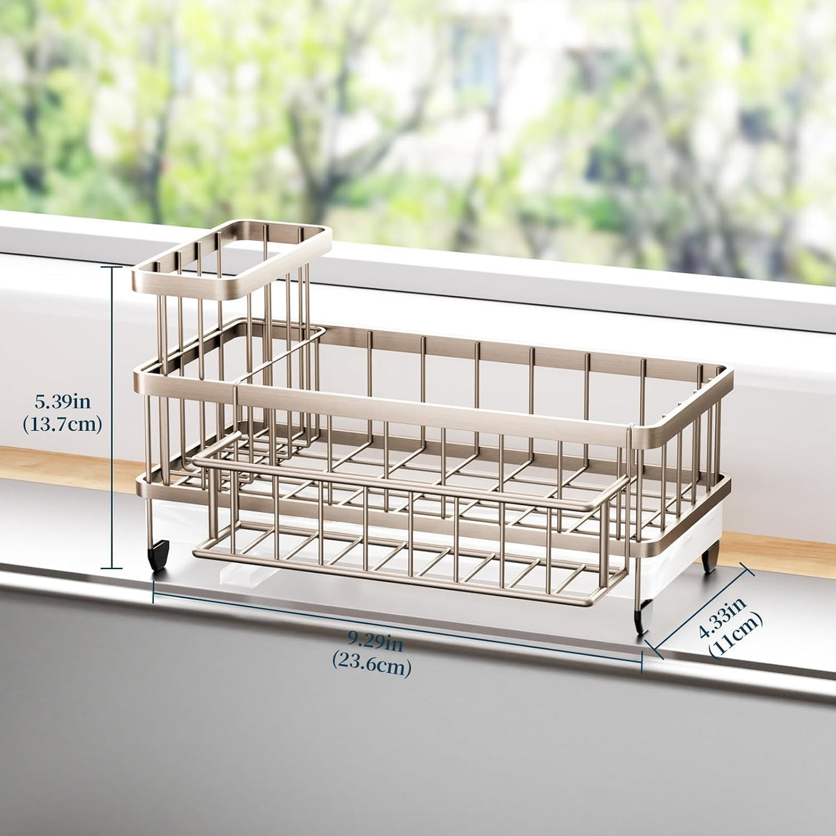 Sponge Holder for Kitchen Sink - Auto Draining Sink Caddy Organizer with Detachable Rack, High Brush Holder, Kitchen Countertop Storage Accessories, Black